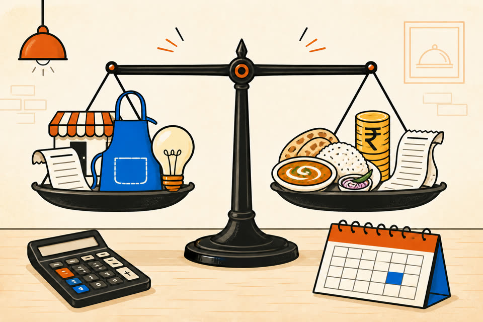 Restaurant break even point shown as balanced restaurant costs and sales